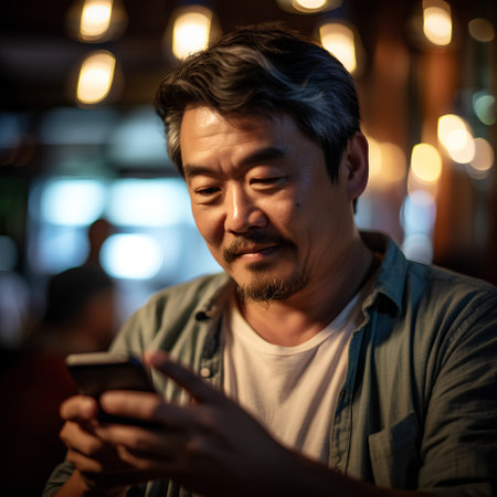 Portrait of Asian man using mobile phone at night in the cityの素材