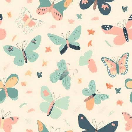 Seamless pattern with butterflies. Hand drawn vector illustration in pastel colors.の素材