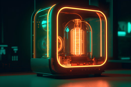 Vintage radio tube with glowing lights. 3D rendering. Retro style.の素材