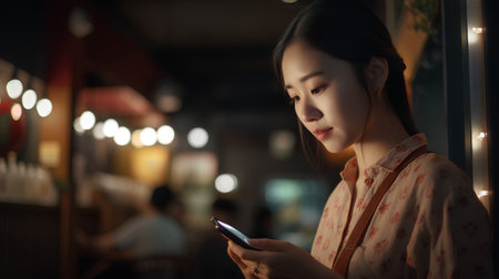 Beautiful asian woman using smart phone in cafe at night.の素材