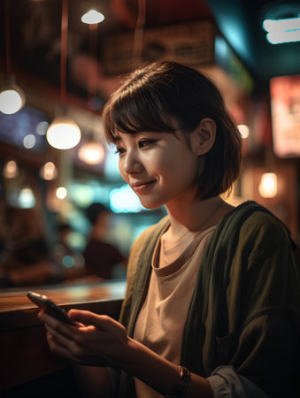 Asian woman using smartphone in a cafe at night, lifestyle concept.の素材