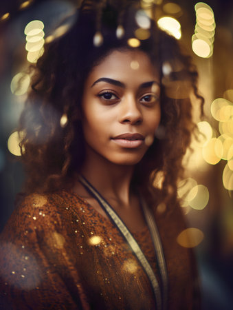 Portrait of a beautiful african american woman in a golden dressの素材