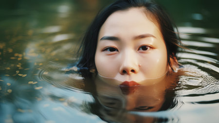 Portrait of young beautiful asian woman in water at summer.の素材