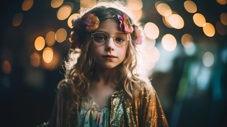 Portrait of a little girl in glasses on a bokeh background.の素材
