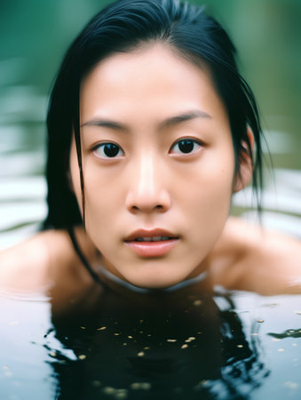 Portrait of a beautiful young asian woman in the water.の素材