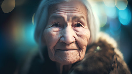 Portrait of an elderly woman on a background of a night city.の素材