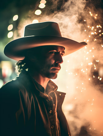 Portrait of a handsome man in a cowboy hat smoking a cigarette.の素材