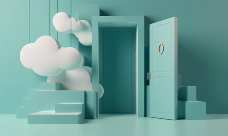 Minimalist interior with door, stairs and clouds. 3D renderingの素材