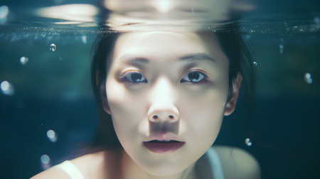 Young asian woman looking at camera in swimming pool, underwater shotの素材