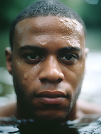 Portrait of a young black man in a swimming pool with water dropsの素材