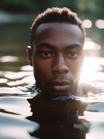 Portrait of a young african american man in the waterの素材