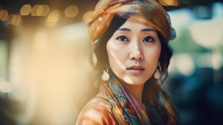 Portrait of a beautiful asian woman wearing a headscarfの素材