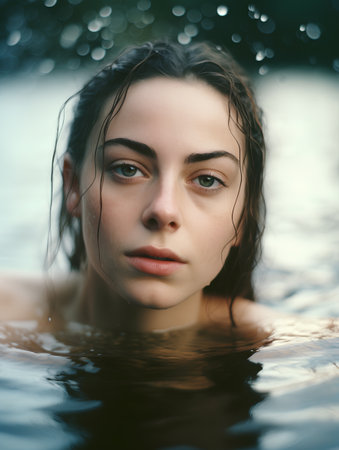Portrait of a beautiful young woman with wet hair in a swimming poolの素材