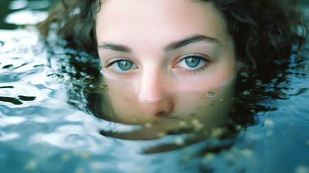Portrait of a beautiful young woman with blue eyes in the waterの素材