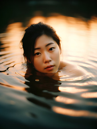 Portrait of beautiful young asian woman relaxing in the water.の素材