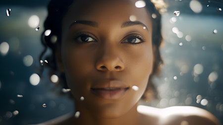 Beautiful young black woman in the rain. Portrait of a beautiful young woman.の素材