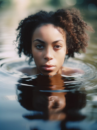 Beautiful african american woman relaxing in water, looking at cameraの素材
