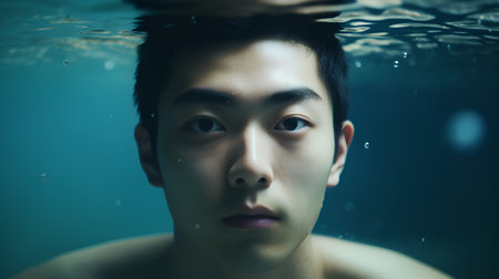 Portrait of young asian man looking at camera under water.の素材
