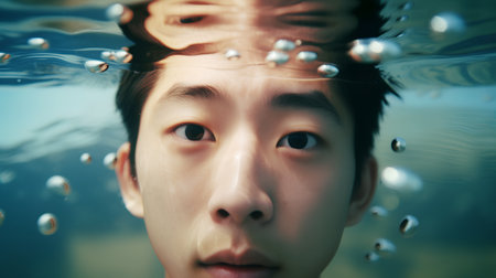 Portrait of a young asian man looking at the camera underwaterの素材