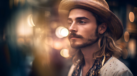 Portrait of a handsome young man in a hat. Men's beauty, fashion.の素材