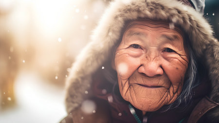 Portrait of an elderly woman in winter clothes. Snowfall.の素材