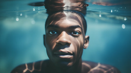 Young man swimming underwater in the pool. Close up portrait of a young man.の素材