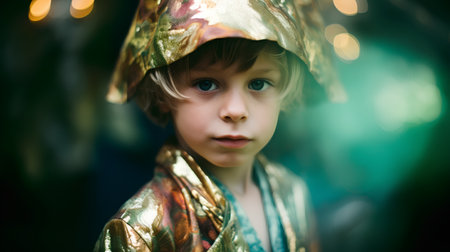 Portrait of a cute little boy in a golden costume. Christmas.の素材