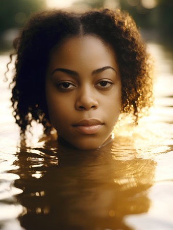 Portrait of a beautiful african american woman in the waterの素材