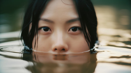 Portrait of a beautiful young asian woman in the water.の素材