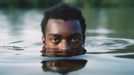 Portrait of young african american man in the water.の素材