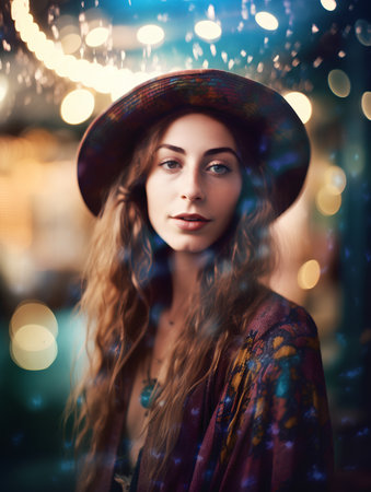 Portrait of a beautiful young woman with long curly hair wearing hatの素材