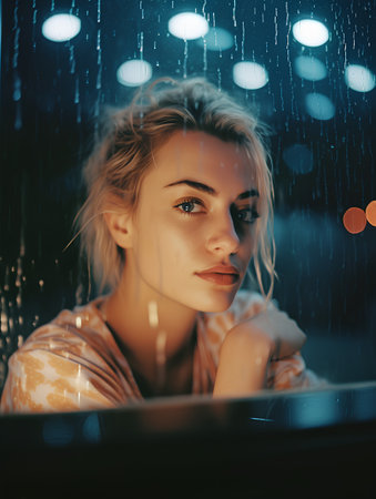 Beautiful young woman standing under rain in the city at night.の素材