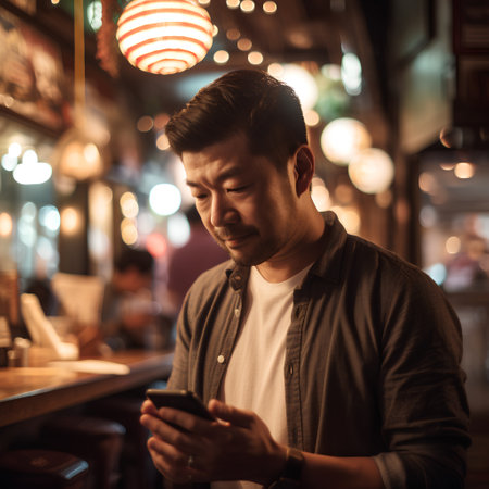 Portrait of a young Asian man using mobile phone in a pubの素材