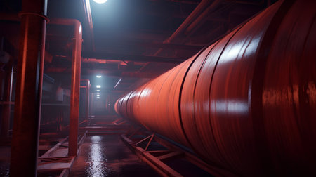 Stainless steel pipes in a boiler room at night. Industrial backgroundの素材