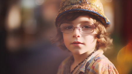 Portrait of a beautiful young girl with glasses and a hat.の素材