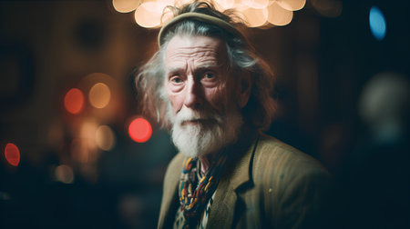 Portrait of an old hippie man with long white beard and mustache looking at the camera.の素材
