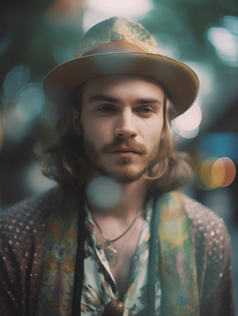 Portrait of a handsome young man in a hat on the streetの素材