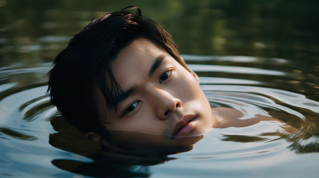 Portrait of a beautiful young asian woman relaxing in the waterの素材