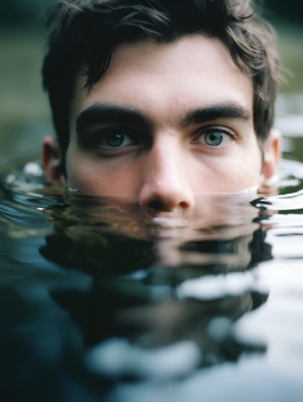 Portrait of a young man in the water. Shallow depth of field.の素材