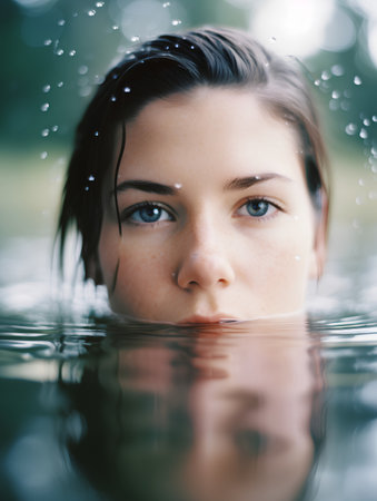 Portrait of a beautiful young woman in the water under the rainの素材