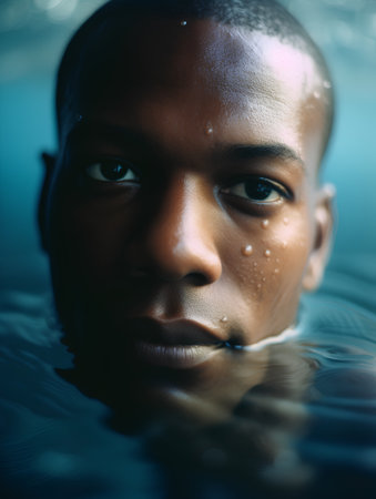 Close up portrait of a young african american man in swimming pool.の素材
