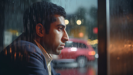 Portrait of a young man looking at the rain in the cityの素材