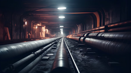 Railway in a dark tunnel at night, close-up.の素材