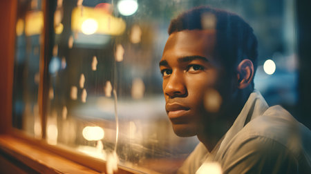 Young african american man looking through the window at night.の素材