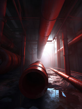 3D rendering of an industrial interior with a lot of pipes.の素材
