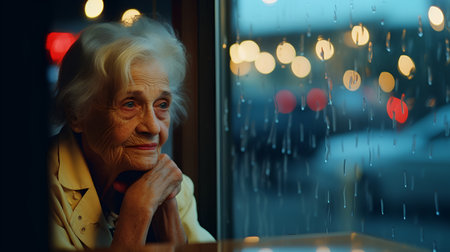 Elderly woman looking through the window at night with raindropsの素材