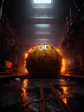 3d rendering of a metal sphere in a smelter.の素材
