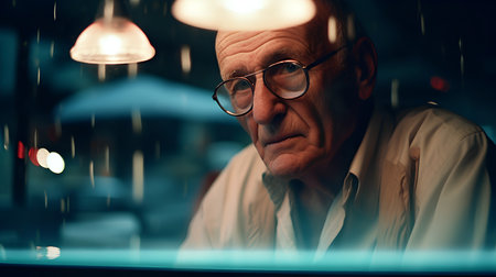 Portrait of an elderly man with glasses standing in the rain.の素材