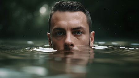 Close-up portrait of a young man in water. Rainy day.の素材