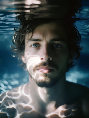 Portrait of a young man in a swimming pool. Underwater shot.の素材